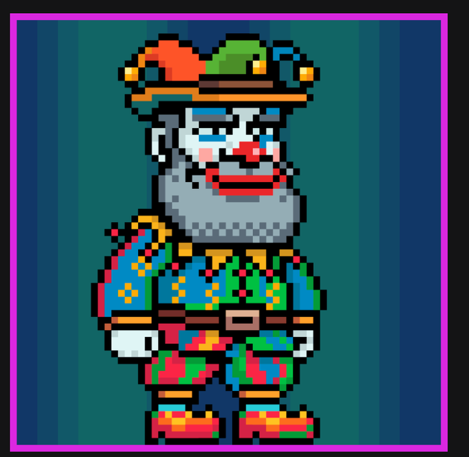 Pixel art portrait of a jester character with a blue beard, colorful patchwork outfit in red, blue, and green, and a jester hat with bells.