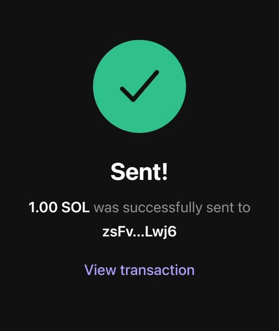 A digital confirmation screen showing a successful transaction of 1.00 SOL sent to address zsFv...Lwj6, with a green checkmark and a "View transaction" link.