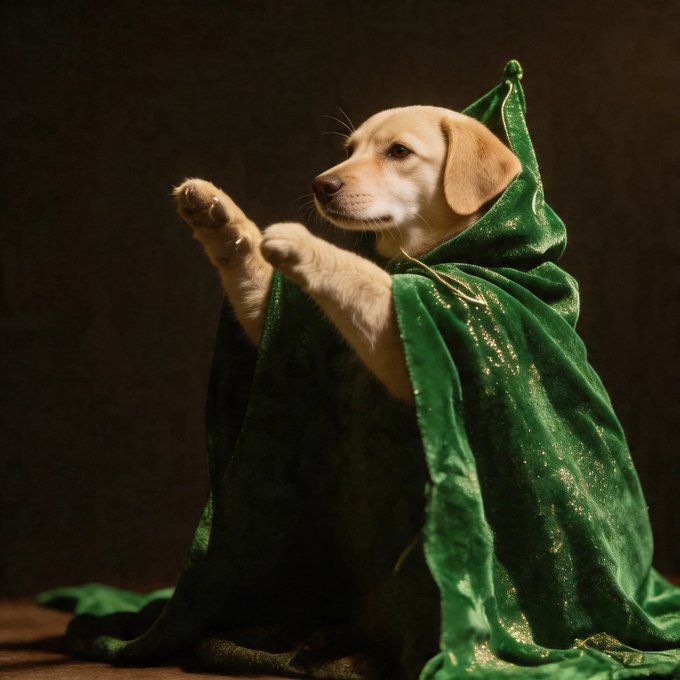 A Labrador puppy wears a green velvet cloak with a pointed hood, striking a trading stance with one paw raised. Fitting the post "Bullieve in __________," the image cleverly plays on the "bull" market, suggesting "Bullieve in bull markets" — with the dog's scholarly robe adding a witty, analytical twist to the financial pun.