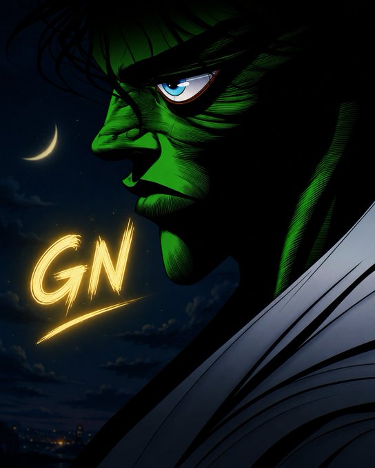 A comic book-style illustration of the Hulk in profile against a dark night sky with a crescent moon, featuring the word 'GN' written in glowing yellow letters.