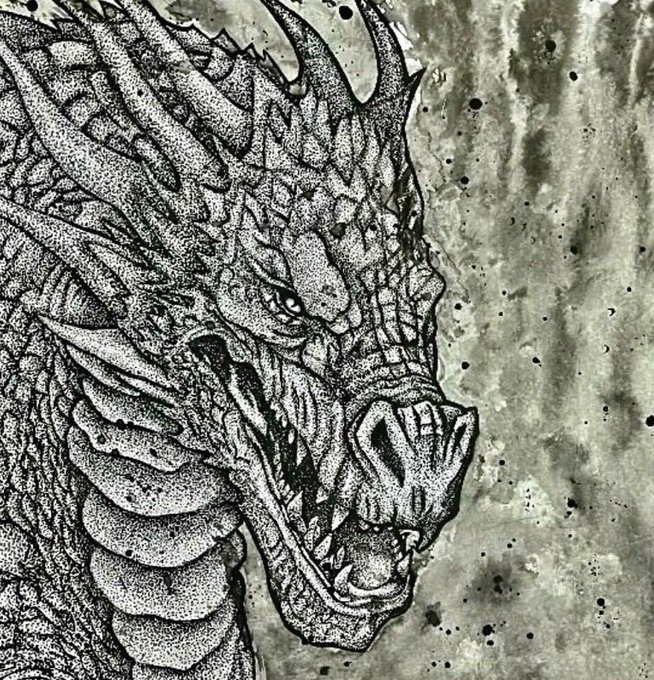 A highly detailed black and white ink drawing of a fierce dragon's head with intricate scales and spikes, set against a gray watercolor background with ink splatters.