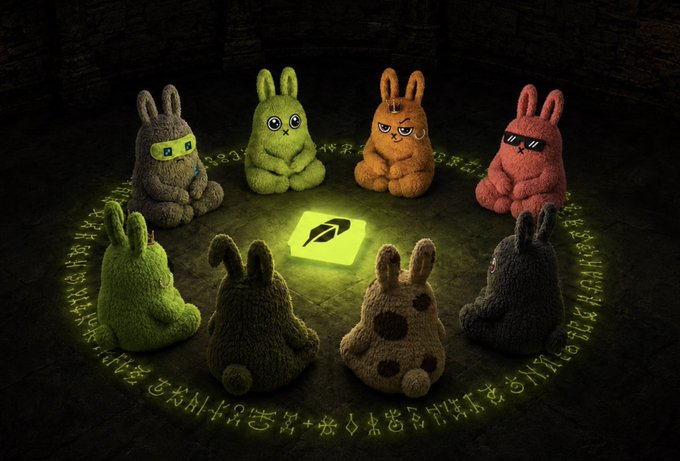 A group of eight plush bunny figures of various colors gathered around a glowing yellow book with a feather emblem on the cover, standing on a circle of glowing runes.