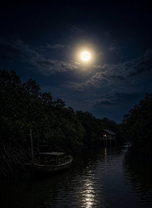 Image 5: A nighttime landscape photo featuring a bright full moon shining through scattered clouds over a dark river or waterway, with silhouetted mangrove trees on either side, a small lit cabin on stilts, and an old wooden boat moored near the shore.