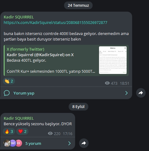 Screenshots of X (Twitter) posts by user "Kadir SQUIRREL" from July 24 and September 8, with one post discussing 'Bedava 400TL geliyor' (Free 400TL incoming) and a CoinTR promotion, and another stating 'Bence yükseliş sezonu başlıyor. DYOR' (I think the bull season is starting. DYOR).
