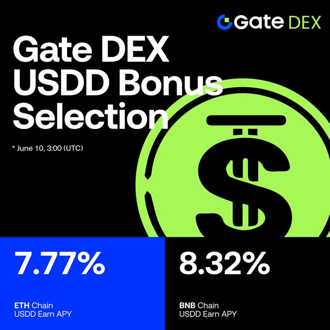 The image features a green circle with a dollar sign inside of it, which is the main focus of the advertisement. The text "Gate DEX" and "USDD Bonus Selection" are also present in the image. The background color of the image is black. In addition to the green circle, there's an email address displayed on the image that reads "ethichain@usddio-earn.apy". This suggests that the advertisement might be related to a cryptocurrency or blockchain project and could potentially be about a USDD Bonus Selection campaign for Gate DEX.