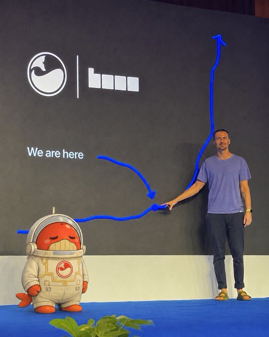 A man stands on a stage next to a large mascot, pointing to a blue arrow on a screen that trends upward from the text "We are here." The screen also features a logo and symbolizes growth, illustrating the "build on @base" theme from the post.