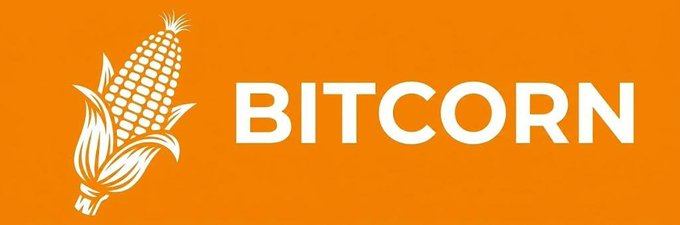 An orange banner featuring a white illustration of an ear of corn next to the white text 'BITCORN'.