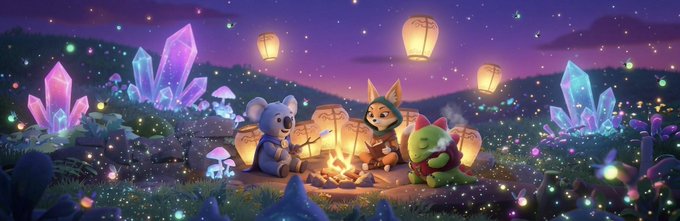 The image features a cartoon scene with three cartoon characters sitting around a campfire at night. The characters include a koala bear, a rabbit, and a raccoon. They are all gathered together, enjoying each other's company as they sit by the fire. The background of the image is dark purple, which adds to the overall atmosphere of the scene.