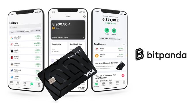An advertisement for Bitpanda showing three smartphones displaying cryptocurrency prices and portfolio balances, alongside a black Bitpanda Visa debit card.