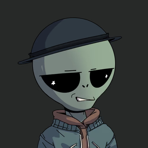 A cartoon illustration of a green alien character wearing a dark hat, black sunglasses, and a blue hoodie against a dark gray background.