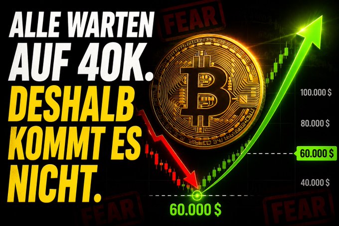 The image features a gold-colored Bitcoin symbol with a green upward-pointing arrow indicating its value increasing over time. The text "Allle warten Auf 40k. Deshalb kommt es nicht" suggests that the Bitcoin is worth 40,000 US dollars today and will continue to increase in value.

The post also includes a warning about the risks of investing in Bitcoin, stating that it's not for everyone and can be risky if not done properly. The image has been edited with a green arrow pointing upwards, symbolizing the potential growth of the Bitcoin market.