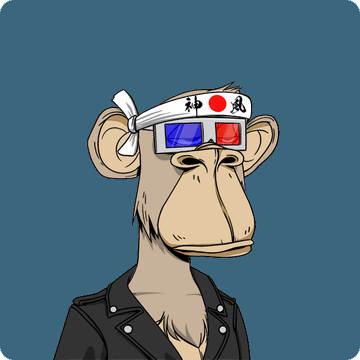 The image features a cartoon monkey wearing glasses, goggles, and a bandana with Japanese writing on it while standing against a blue background. The caption of the image reads "Ape #394 Bought for 8.5 WETH + Mutant #15192 discipline13.eth 0x5654...3C27 etherscan.io/tx/0x3905d4c3e ... Return to Monke: opensea.io/collection/bor". The monkey appears to be wearing a motorcycle jacket, and the image is related to an online store selling "Ape #394" for 8.5 WETH with a Japanese writing bandana on it.