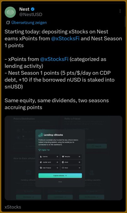 A tweet from Nest (@NestUSD) announcing that depositing xStocks on Nest now earns xPoints from @xStocksFi and Nest Season 1 points, with a screenshot of the Lending xStocks interface.