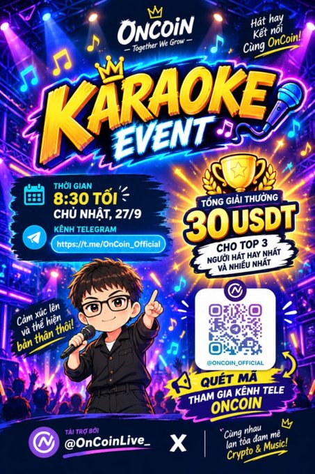 A promotional poster for an "OnCoin Karaoke Event" scheduled for Sunday 9/27 at 8:30 PM, featuring a 30 USDT prize for top 3 winners, with Telegram link @OnCoin_Official and QR code, supported by @OnCoinLive_.