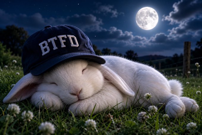 The image features a white rabbit wearing a blue baseball cap with "BTFT" written on it, lying down in a grassy field at night under a full moon. The rabbit appears to be sleeping or resting peacefully.