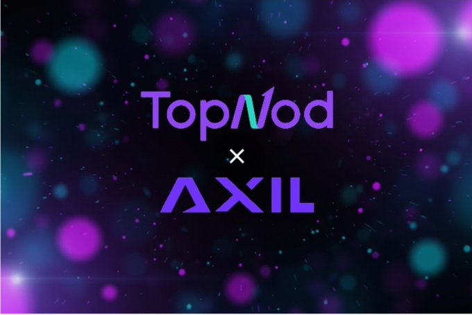 A promotional graphic with purple and blue bokeh lights displaying the logos 'TopNod x AXIL'.