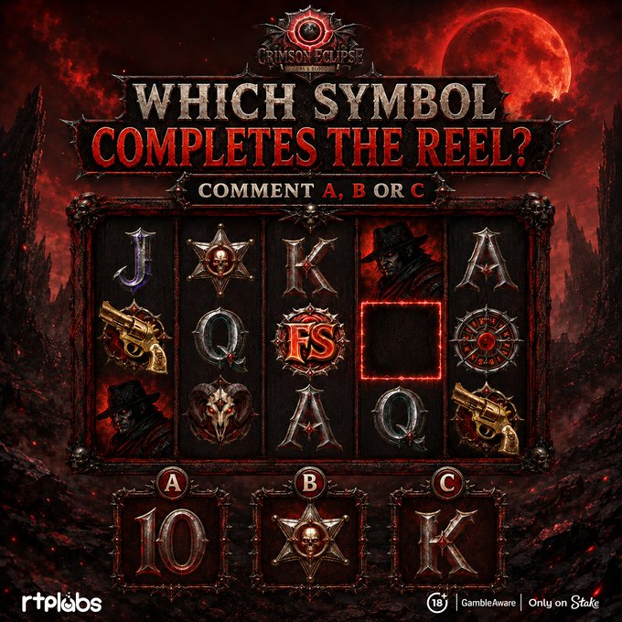 A promotional puzzle image for the slot game "Crimson Eclipse" by RTPLabs on Stake, featuring a dark, blood-red themed slot reel with gothic symbols like guns, skulls, and characters, asking players to identify the missing symbol from options A (10), B (skull star), or C (K) to complete the reel.