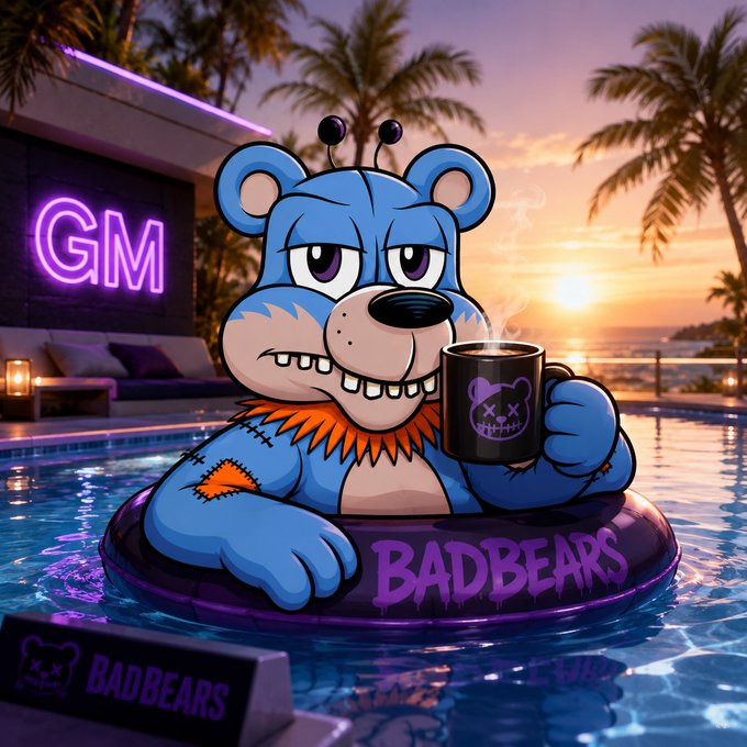 A cartoon blue bear with stitched patches lounges in a pool float branded "BADBEARS," holding a steaming mug, with a neon "GM" sign and palm trees framing a sunset backdrop—capturing the relaxed "Good Morning" vibe the post uses to rally X legends for a productive Friday.