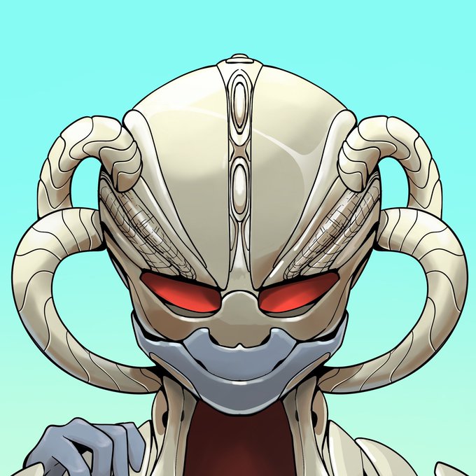A stylized illustration of a robotic or cyborg character with a metallic helmet featuring curved horn-like protrusions and glowing red eyes against a light blue background.