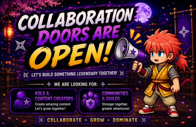 A vibrant game-style promotional banner reading 'COLLABORATION DOORS ARE OPEN!' featuring a red-haired anime character with a megaphone, seeking KOLs/content creators and communities/guilds.