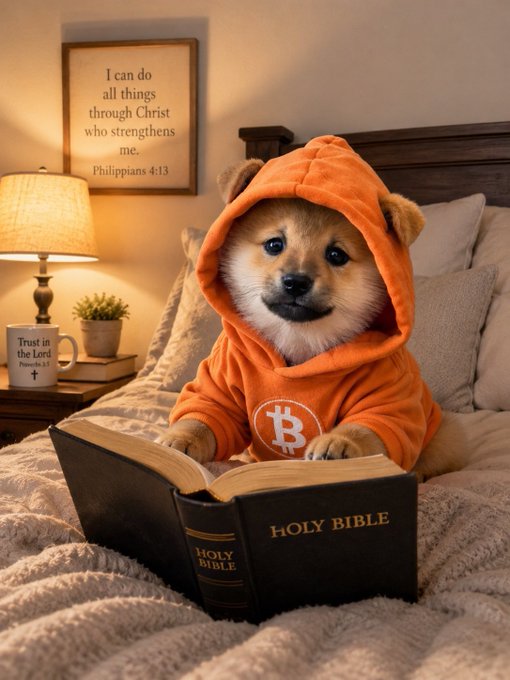 An adorable Shiba Inu puppy wearing an orange Bitcoin (₿) hoodie reads the Holy Bible on a cozy bed, surrounded by framed scripture verses including "I can do all things through Christ who strengthens me - Philippians 4:13" and a mug reading "Trust in the Lord - Proverbs 3:5-6." The image playfully embodies the "$DOG Army" theme by blending the iconic Dogecoin mascot with Bitcoin branding and faith-based inspiration, perfectly capturing a "blessed Sunday" vibe for crypto enthusiasts.