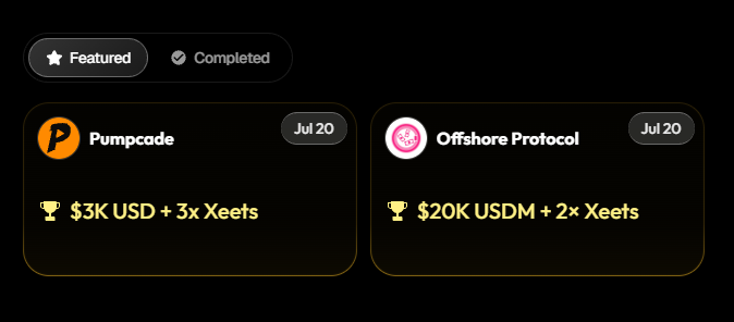 A dark-themed dashboard showing featured completed rewards: 'Pumpcade' (Jul 20) for $3K USD + 3x Xeets and 'Offshore Protocol' (Jul 20) for $20K USDM + 2× Xeets.