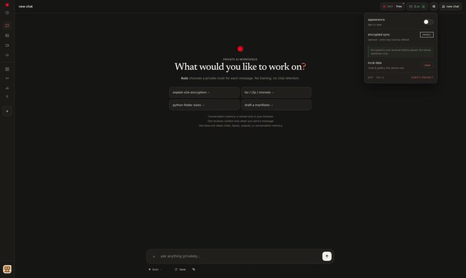 A dark-themed chat interface with the header 'What would you like to work on?' and options for 'explain this encryption', 'list / clip / transcribe', 'python folder sizes', and 'draft a manifesto'.