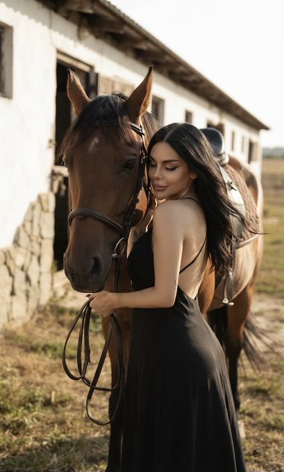 A woman in a black dress stands closely beside a brown horse, holding its reins in front of a white stable building.