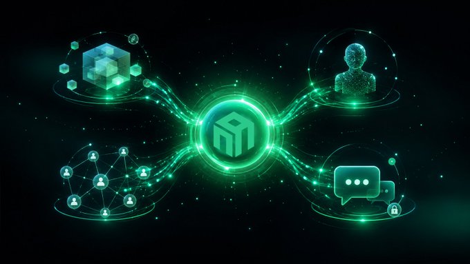 A futuristic green digital network graphic on a black background featuring a central logo connecting to icons representing blockchain, a user profile, social networks, and chat/messaging.