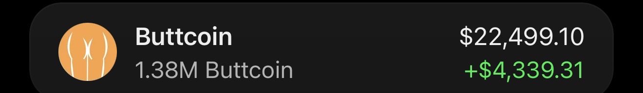 Digital wallet display showing 'Buttcoin' holdings of 1.38M Buttcoin valued at $22,499.10 with a daily gain of +$4,339.31.