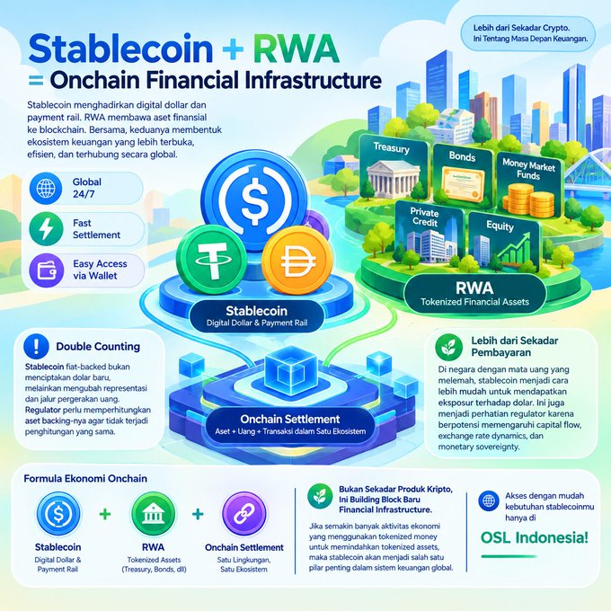 An infographic titled "Stablecoin + RWA = Onchain Financial Infrastructure" explains the concept in Indonesian with "OSL Indonesia" branding at the bottom.