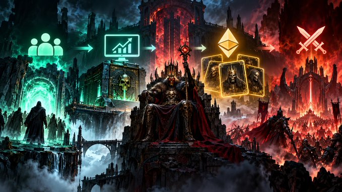 A dark fantasy digital illustration with a progression chart showing icons from left to right: green figures, a treasure chest, a seated dark lord, trading cards, and crossed red swords.