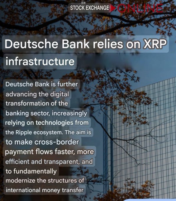 Deutsche Bank building with bare tree branches silhouetted against a blue sky, overlaid with the headline "Deutsche Bank relies on XRP infrastructure" and text explaining the bank's digital transformation using Ripple ecosystem technologies to modernize cross-border payments. The "Stock Exchange Online" logo appears at the top, visually reinforcing the article's announcement about Deutsche Bank's adoption of XRP-based infrastructure for international money transfers.
