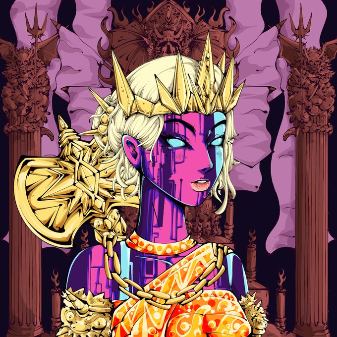A vibrant, surreal portrait shows a pink-skinned figure with glowing blue eyes, white hair, a golden spiked crown, and elaborate gold jewelry, set against an ornate background with gothic-style columns and demonic faces.