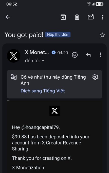A screenshot of a Gmail notification from X Monetization showing a payment confirmation of $99.88 deposited from "X Creator Revenue Sharing" into the account of user @hoangcapital79, marking the final pay cycle of the old creator program. The image directly supports the post by visually displaying the exact payout amount mentioned ($99.88) as part of the user's reflection on the program's conclusion.