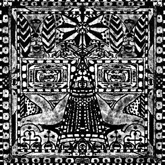 The image features a black and white patterned design with various shapes, including circles, squares, and triangles. The design includes elements such as a bird, a tree, and a person. The text "Fine Art on Bitcoin" is present at the bottom of the image, suggesting that the artwork may be related to Bitcoin or fine art in general.