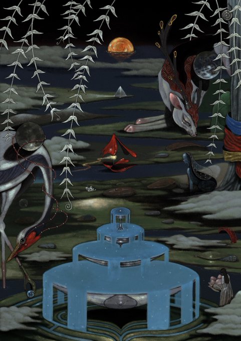 A surreal, dark illustration featuring a deer-like creature, hanging white leaves, moons, and a central tiered blue fountain structure in a dreamlike landscape.