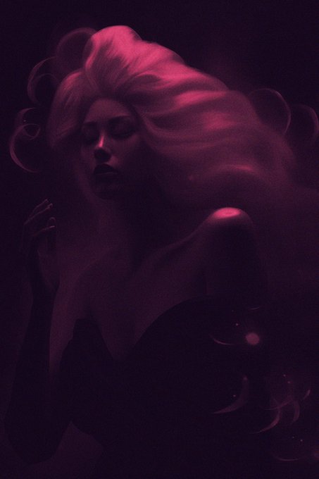 A stylized, dark pink-toned artistic photo showing a woman with closed eyes and flowing hair, wearing a black garment.