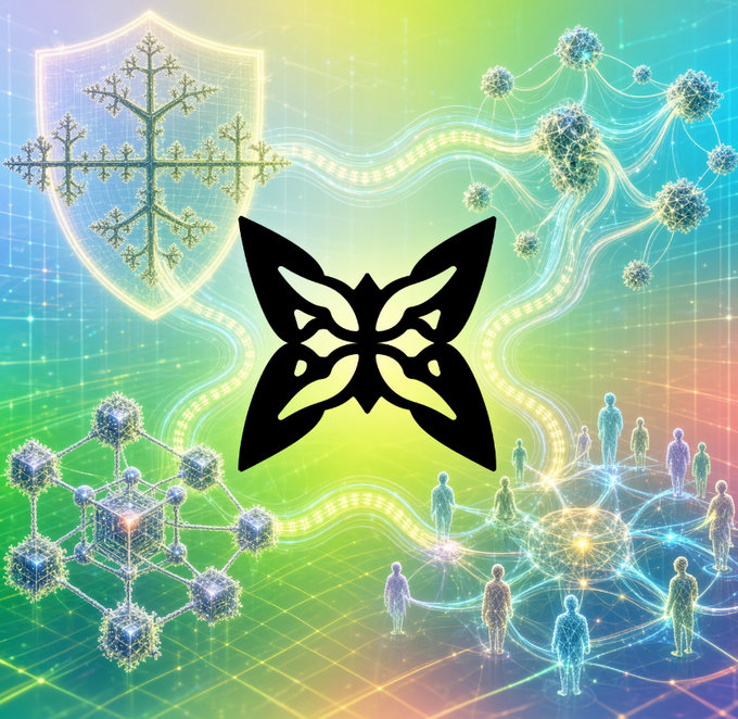 A colorful digital artwork featuring a black butterfly logo in the center, surrounded by a glowing snowflake shield, a network of cubes, and silhouettes of people connected by light streams.