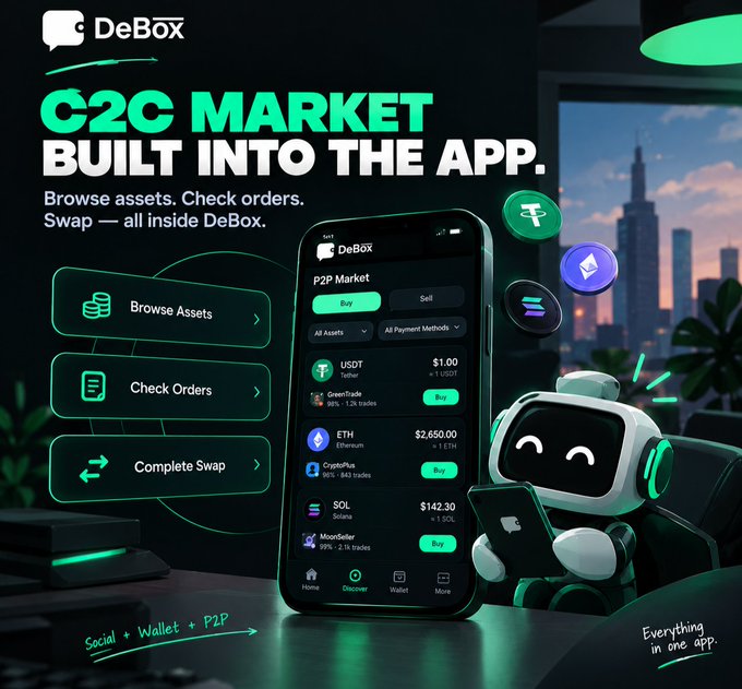 A promotional graphic for DeBox app featuring 'C2C MARKET BUILT INTO THE APP' with features like Browse Assets, Check Orders, and Complete Swap, showing cryptocurrency listings including USDT ($1.00), ETH ($2,650.00), and SOL ($142.30).