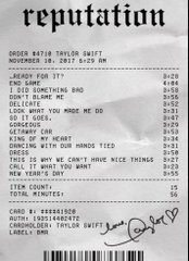 A receipt for Taylor Swift's 'reputation' album purchase at CarmelOder, showing Order 8478 dated November 10, 2017 at 3:29 AM with a total of $56, signed by Taylor Swift.