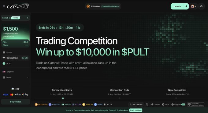 A Catapult Trade interface displays a 'Trading Competition' offering up to $10,000 in $PULT prizes, with a countdown timer showing 3 days, 13 hours remaining and various crypto price tickers at the bottom.