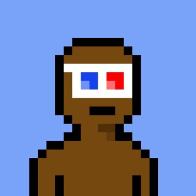 A pixel art illustration of a brown figure with headphones wearing a white VR headset with blue and red lenses, set against a blue background.