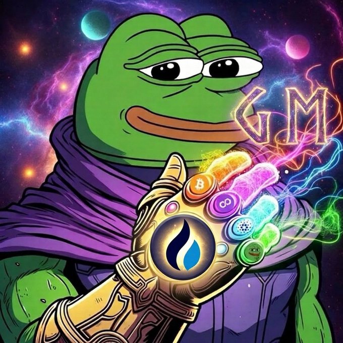 A Pepe the Frog character dressed as a cosmic sorcerer displays a golden Infinity Gauntlet adorned with crypto logos including Bitcoin, Polkadot, and Sui, while the neon "GM" text glows in a vibrant space backdrop. The image perfectly embodies the post's "gm" (good morning) crypto culture greeting and the Thanos-inspired "inevitable" meme, signaling unstoppable bullish dominance in the space.