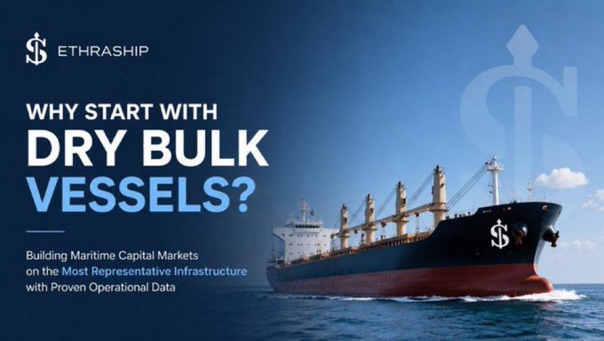 The image is a promotional banner for **EthraShip** featuring a large dry bulk carrier ship at sea with the headline **"Why Start with Dry Bulk Vessels?"** and the tagline *"Building Maritime Capital Markets on the Most Representative Infrastructure with Proven Operational Data."* It visually supports the post's message by illustrating how EthraShip is bringing traditional shipping assets—specifically dry bulk vessels, a cornerstone of global trade—onchain to enhance transparency and access through blockchain-based capital markets.