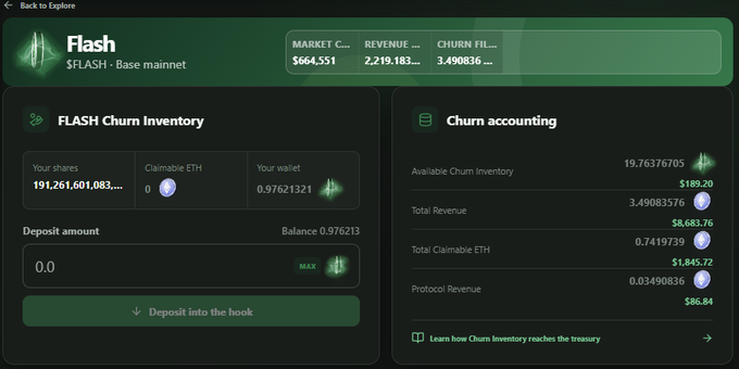 A screenshot of a cryptocurrency dashboard for 'Flash' on Base mainnet, displaying market cap of $664,351, revenue, and FLASH Churn Inventory details including a deposit amount field.