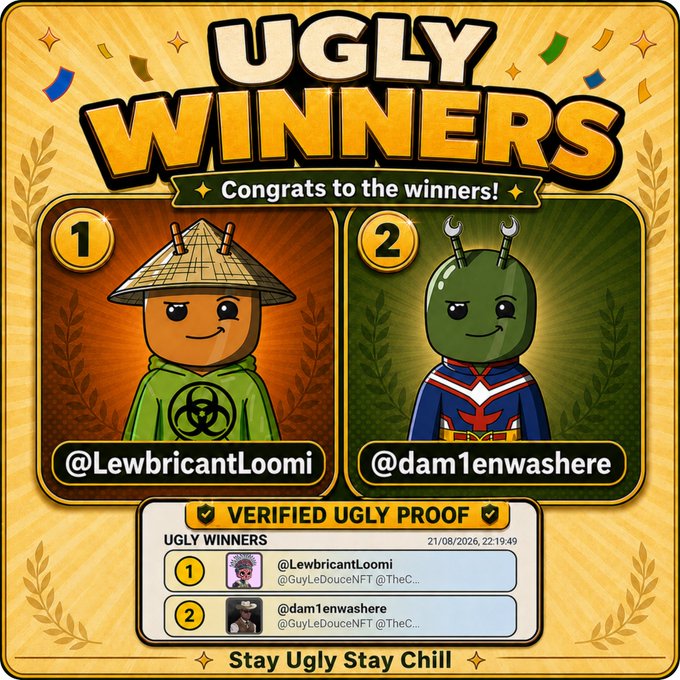 A graphic titled 'UGLY WINNERS' celebrates two winners, @LewbricantLoomi in 1st place and @dam1enwashere in 2nd place, with the tagline 'Stay Ugly Stay Chill' and a verified timestamp of 21/08/2026.