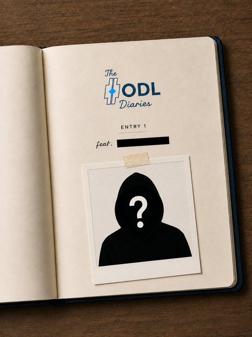 Open notebook page titled "The ODL Diaries - ENTRY 1 feat. [redacted]" with a polaroid photo of a hooded figure with a question mark taped to the page.