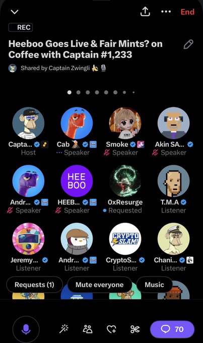 A screenshot of a Twitter Spaces audio chat titled 'Heeboo Goes Live & Fair Mints? on Coffee with Captain #1,233', showing various speaker and listener avatars in a grid layout.