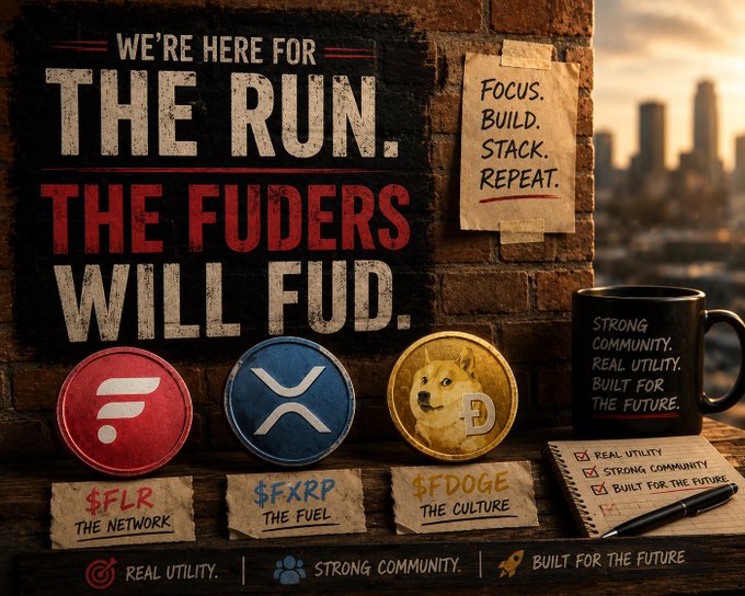 A promotional graphic declares "WE'RE HERE FOR THE RUN. THE FUDERS WILL FUD." featuring cryptocurrency coins for $FLR, $FXRP, and $FDOGE alongside notes emphasizing "REAL UTILITY," "STRONG COMMUNITY," and "BUILT FOR THE FUTURE."